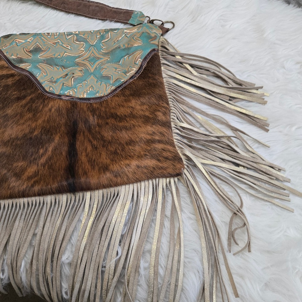 Dancing Cactus Designs Cowhide Fringe Crossbody Bag Turquoise Leather Western - Picture 16 of 16